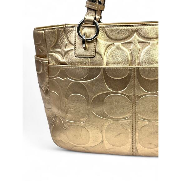 Coach Metallic Gold East West Embossed Signature Leather Tote Bag - Picture 7 of 15